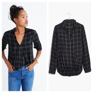 Madewell Wrap-Front Shirt in Palma Plaid M Old Vine (Black and Green Plaid)